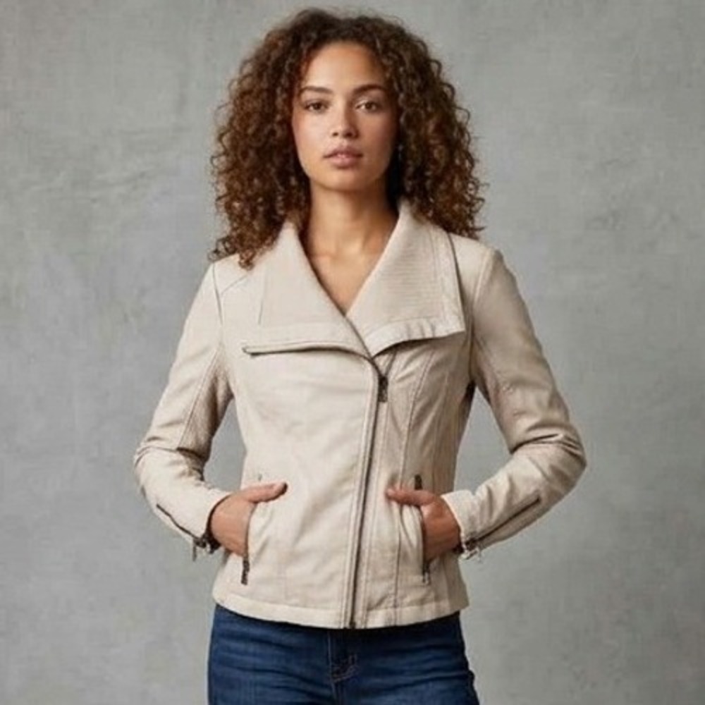 Thread & Supply Moto Jacket M‎ Cream Faux Leather Ribbed Knit Biker Edgy Layer M